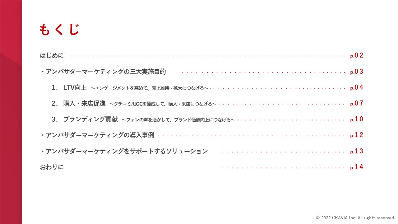 アンバサダーマーケティングの三大実施目的、もくじ